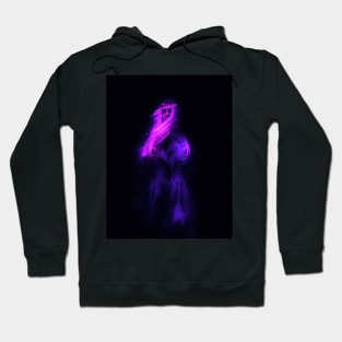 Beautiful girl, like in dream. Beautiful tufts of hair. Blue, violet, glow. Dark. Hoodie